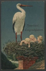 um 1909 Lithographie Postkarte Neu Baby Glückwunsch Storch auf Nest mit 3 Kindern - Bild 1 von 2