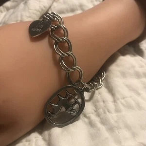 VINTAGE BETTELARMBAND W ELCO STERLING HERZ 1969 & METZKE ZENTAUR ZINN CHARM - Bild 1 von 7
