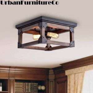 Rustic Flush Mount Ceiling Light Fixture 2-Light Metal and Solid Wood Square New - Picture 1 of 9