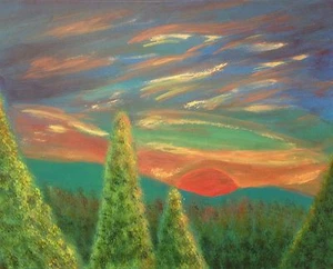 ORIGINAL ACRYLGEMÄLDE 20" LEINWAND EIN GLORREICHER MORGEN BERG SONNENAUFGANG BÄUME - Bild 1 von 6