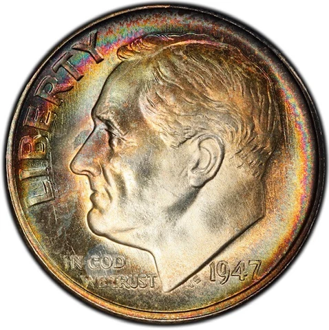 MS65 1947-S 10C Roosevelt Silver Dime, PCGS Secure- Pretty Rainbow Toned Cover