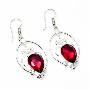 925 Sterling Silver Red Garnet Gemstone Handmade Jewelry Earring Size-1.8" - Picture 1 of 4