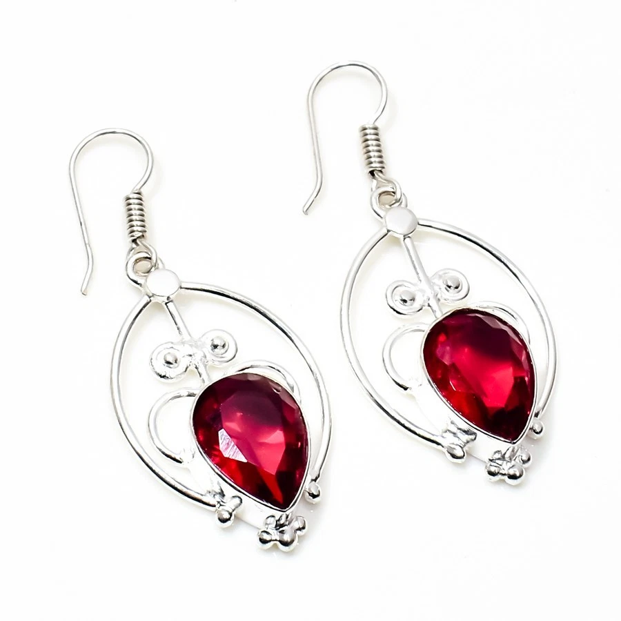 925 Sterling Silver Red Garnet Gemstone Handmade Jewelry Earring Size-1.8" - Image 1 of 4