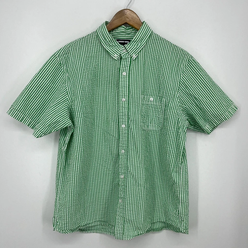 Lands' End Short Sleeve Button Shirt Men's Size L Green Striped Seersucker - Image 1 of 4