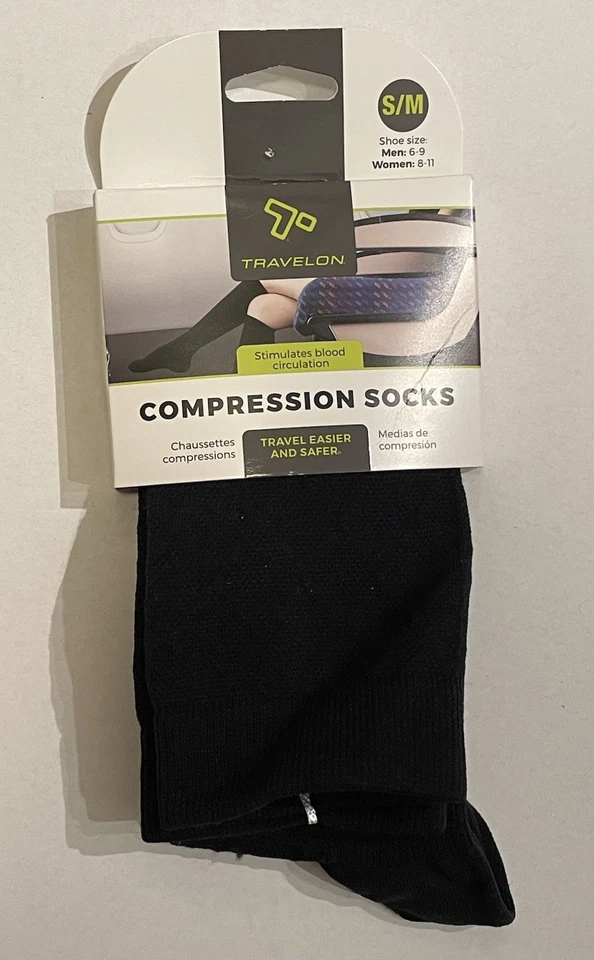 NUEVO Unisex Travelon Calcetines de Viaje de Compresión NEGROS Hombres 6-9 Mujeres 8-11 S/M Foto 1 de 3