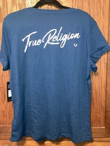 NWT Women True Religion 2XL V-Neck Shirt Foil Spellout Blue - Picture 1 of 12