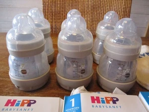 6 MAM BABYFLASCHEN mit SCHNULLER, a. 130 ml * HIPP WINDELN u. WASCHLAPPEN - Bild 1 von 18