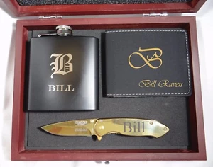 4 Trauzeugen Geschenkset Box, Spring Assist Messer, Flachmann, Leder Geldbörse, Custom - Bild 1 von 2