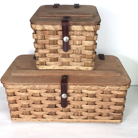 Two x Amish Box Baskets Storage Recipe Cards Crafts Oak Bottom Lid Storage Cover
