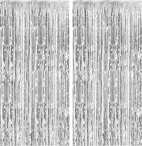 2 Pack Foil Curtain Backdrop Silver Metallic Tinsel Foil Fringe Curtains Photo - Picture 1 of 7