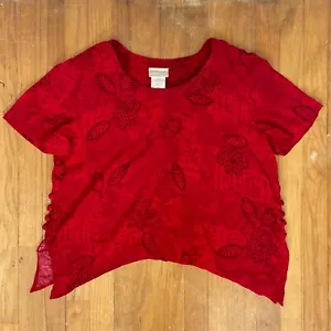 Vintage Cropped Floral Top Womens Size Medium 90s Oversize Red Rayon Hawaiian - Picture 1 of 5