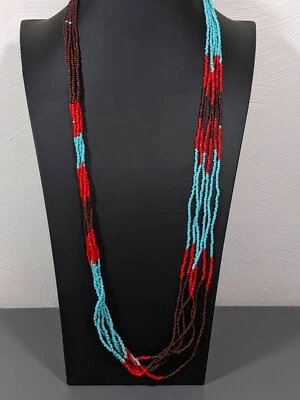Collar Largo Playa Costero Rojo Azul Marrón Cuentas de Vidrio Multi Hilo 34 pulgadas Foto 1 de 4