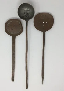 Vintage Hand Forged Copper Ladle Set 2 Strainers & 1 Ladle Primitive Americana - Picture 1 of 5