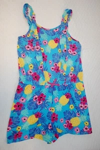Girls Shorts Romper TURQUOISE w/ PINEAPPLES & HIBISCUS FLOWERS Ruffles XL 14-16 - Picture 1 of 2