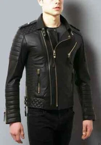 Men's Genuine Leather Jacket Biker Motorcycle Rider Short Slim Fit Black Jacket - Picture 1 of 4