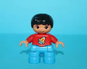 Lego Duplo Boy Son Child Figure with Black Hair Rocket Shirt - Picture 1 of 5