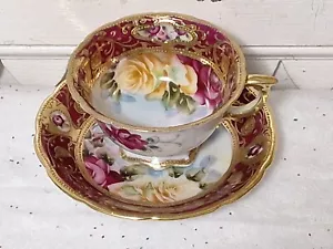 Morimura Nippon Cabbage Roses Gold Gilt Cup & Saucer Hand-painted Please Read - Picture 1 of 17