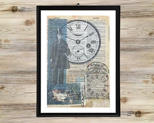 Man & Clock Altered Art Dictionary Print Upcycled Unframed Print Mixed Media - Bild 1 von 5