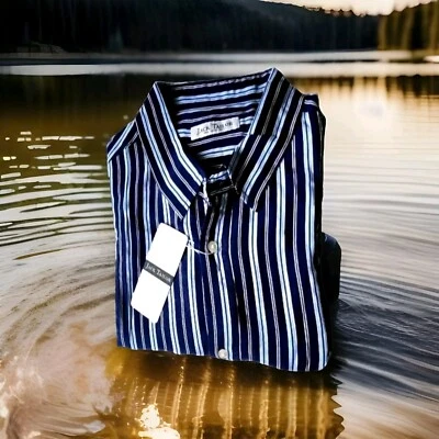 Jack Tailor Viscose Printed Shirt Size Usa XL. Blue striped with 3 colors. - Image 1 of 4