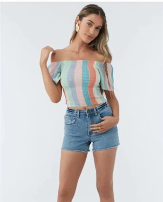 Новый с Ярлыками O'Neill M Ally полоски квадратный воротник гофрированная марля с плеча Топ 125494 - Изображение 1 из 4