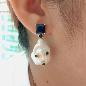 Natural Cultured White Baroque Pearl Blue Cz Rhinestone Stud Earrings - Picture 1 of 6