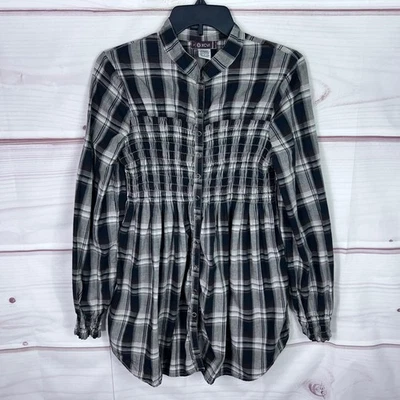 XCVI Top Mujer L Negro Camisa a Cuadros Manga Larga Túnica Calada Cuello Redondo Broches de presión Foto 1 de 4