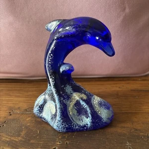 Fenton Art Glass Cobalt Blue Jumping Dolphin Figure w Sparkles - Picture 1 of 15