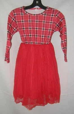 Girls Sz 6-7 Christmas Holiday Red Plaid Stretchy Long Sleeve Tutu Midi Dress - Image 1 of 3