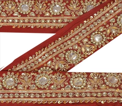 Sanskriti Vintage Border Antique Hand Beaded 1 Yd Indian Trim Sewing Maroon Lace - Image 1 of 4