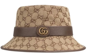 NEW GUCCI GG SUPREME BEIGE BROWN CANVAS LEATHER LOGO BUCKET FEDORA HAT 58/Medium - Picture 1 of 9