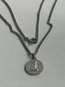 Vintage Genuine Scrimpewter Sailboat Round Silver Tone Pendant w/ Necklace Chain - Picture 1 of 5