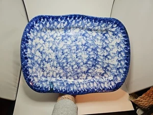 Antique spongware flow blue platter dish plate Old really NICE 1880's stoneware - Picture 1 of 17