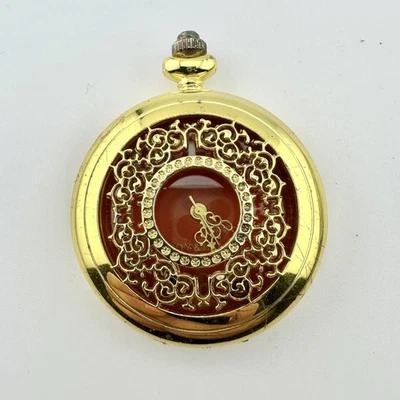 Joy & Iman Pocket Watch Goldtone Filigree Hunter Case Red Dial Window Rhinestone - Image 1 of 4