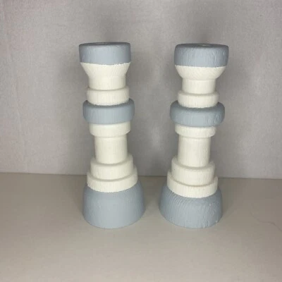 Wooden Candlestick Holders Pair Of 2. White And Blue, 7” Tall Handmade Pine - Image 1 of 4
