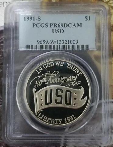 1991-S $1 Silver PCGS PR69 DCAM USO Proof Dollar 90% Cert# 9659.69/13321009 Cover