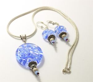 Handmade Sterling Silver Blue Swirl Art Glass Pendant Necklace & Earrings Set