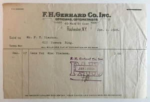 Billhead FH Gerhard and Co Opticians Optometristi Rochester New York 1924 - Foto 1 di 4