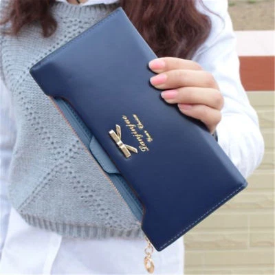 Women Cute Bow Long Leather Thin Wallet Purse Multi ID Credit Card Holder Gift - Image 1 of 4