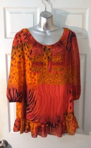 Peter Nygard BOHO Red/Orange Tunic Blouse Sheer Lined Size 10 EUC - Picture 1 of 5