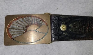 Beautiful Rare Vintage BTS BRASS USA TURQUOISE Gemstone INLAY BELT & BUCKLE 1978 - Picture 1 of 10