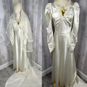 🌷1920er Art Deco Liquid Satin Brautkleid / Brautkleid Schleier Wachsblumen Sml - Bild 1 von 22