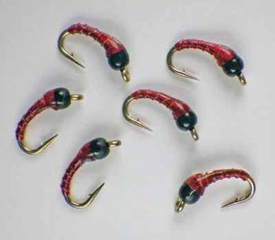 GUIDE FLIES Zebra Midge Tungsten Nymphs Blood Red - Premium Trout Fly Fishing Flies Lot