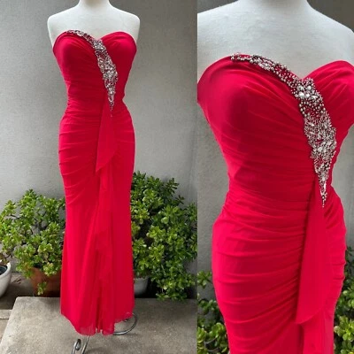 Vestido de Noche Rojo Chifón Caliente Acanalado Plata Cuentas Talla 4 Por Decode 18 Foto 1 de 4