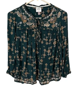 Knox Rose Long Sleeve Tie Neck Embroidered Boho Blouse Paisley Size M Green - Picture 1 of 7