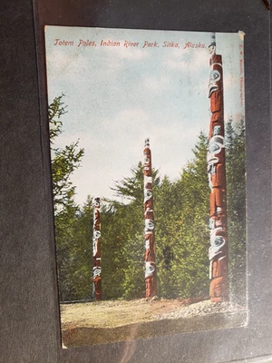 SITKA, ALASKA 1909 TOTEM POLES INDIAN RIVER PARK Postcard AK to MA - Image 1 of 2