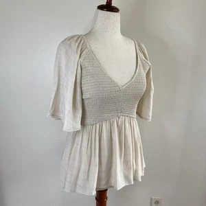 Hem & Thread gesmokte Taille feminine Cottage Milkmaid cremefarbene Bluse. Große - Bild 1 von 9