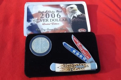 Estuche XX 2006 oro plata dólar trampero conjunto moneda y cuchillo hueso ámbar grabado 6254 Foto 1 de 4