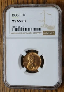 1936 D Lincoln cent graded by NGC MS 65 RD - Picture 1 of 2