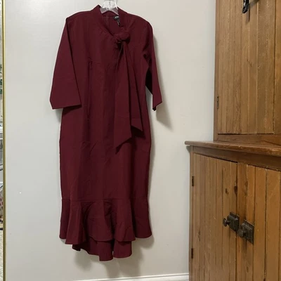 ASHRO Mujer Vestido Granate Manga Tres Cuartos Volantes Dobladillo L Foto 1 de 4