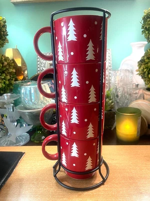 Signature Housewares Holiday Stoneware Red Mugs White Tree, Wire Tower, Set of 4 - Image 1 of 4